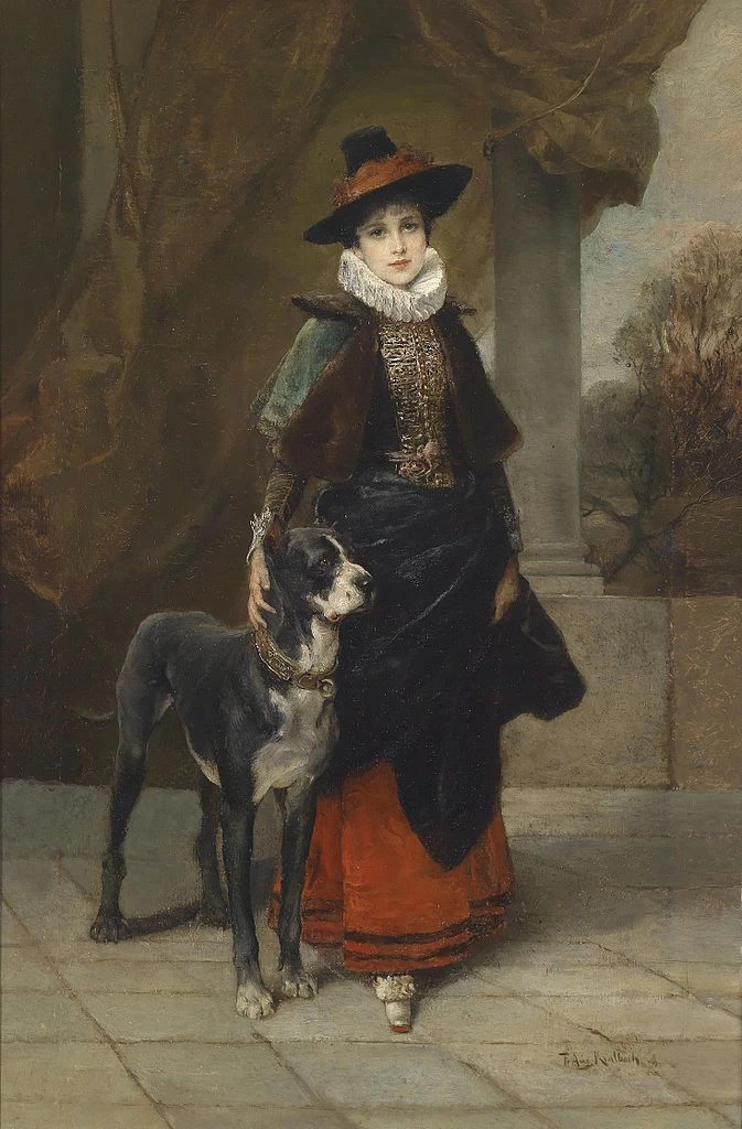 Ritratto di dama in costume storico con mastino